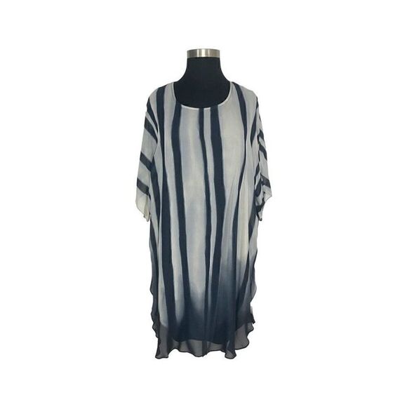 Q Neel 14 Gray Ivory Stripe Dress Set Art To Wear Lagenlook Sheer Wavy - Picture 1 of 7